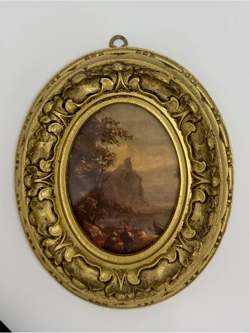 Vintage Pair Oval Gold Framed Wall Art Floral & Scenic Made in Italy